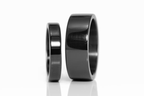 Black zirconium wedding ring set. Zirconium matching flat wedding bands. (01111_4N7N)