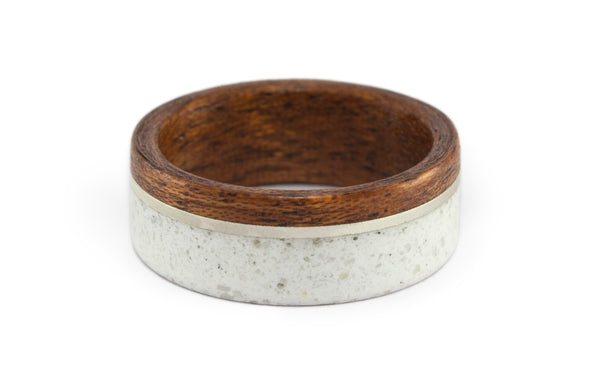 White marble and cedar wood ring with silver inlay. Marble wedding band. Wooden engagement ring (00925_8N)