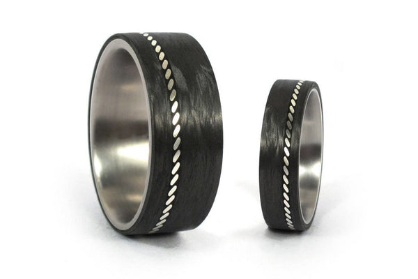 Set of two titanium with silver and carbon fiber inlay ring (01601_6N8N)