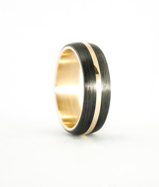 Yellow 18CT gold ring with matte carbon fiber. Gold rounded band. Golden ring (00511_6N)