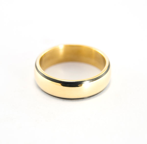 Yellow 18CT gold ring with matte carbon fiber bands. Gold rounded band. Golden ring (00510_5N)