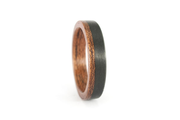 Carbon fiber and bentwood wedding ring set. Black flat cedar wood matching bands. Wooden engagement rings (00403_5N5N)
