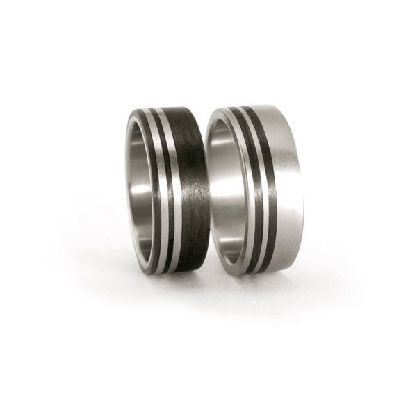 Titanium and carbon fiber wedding ring set. Matte titanium black wedding bands. Flat matching bands.(00316_8N8N)