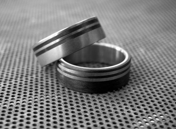 Titanium and carbon fiber wedding ring set. Matte titanium black wedding bands. Flat matching bands.(00316_8N8N)