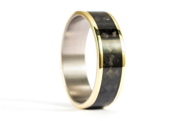 18ct yellow gold, titanium and carbon fiber wedding bands (04708_6N6N)