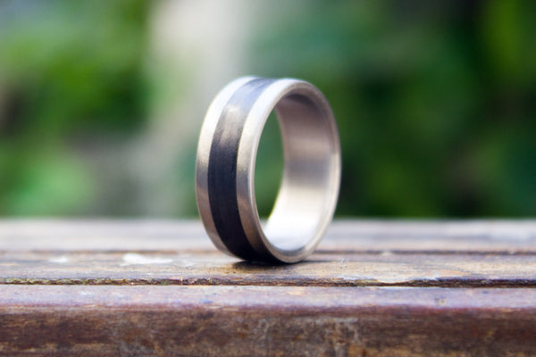 Men's titanium and carbon fiber ring. Modern and unique black wedding band. (00347) - Rosler Rings